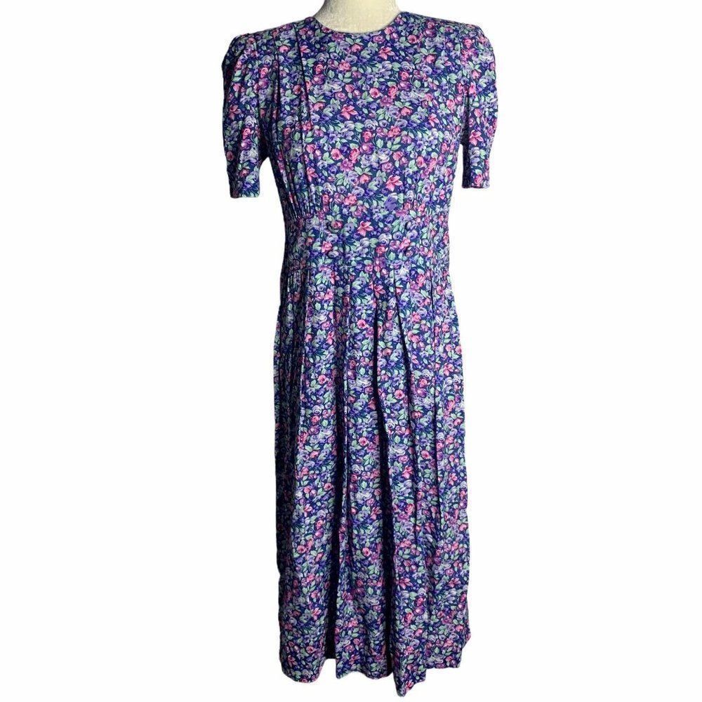 Vintage Floral Pleated Midi Dress Blue Cottagecore